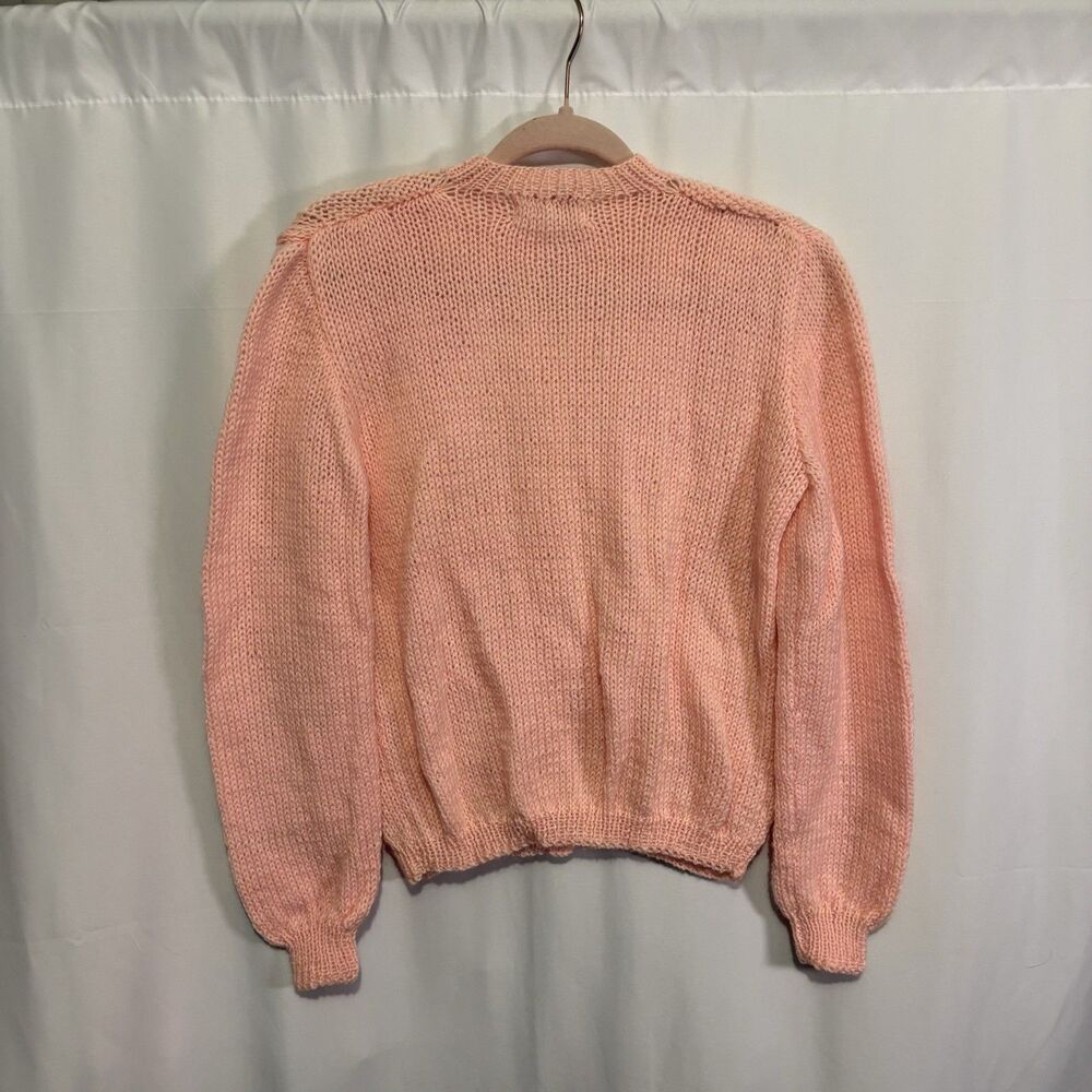 Vintage Handmade By Hazel Peach Pink Leaf Cable Knit Cardigan Cottagecore M/L - Picture 6 of 7